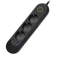 Мережевий фільтр F03U, 3 розетки EU + 3 USB, 1.5 м, перетин 3х0, 75мм, 2500W, Black, Bag
