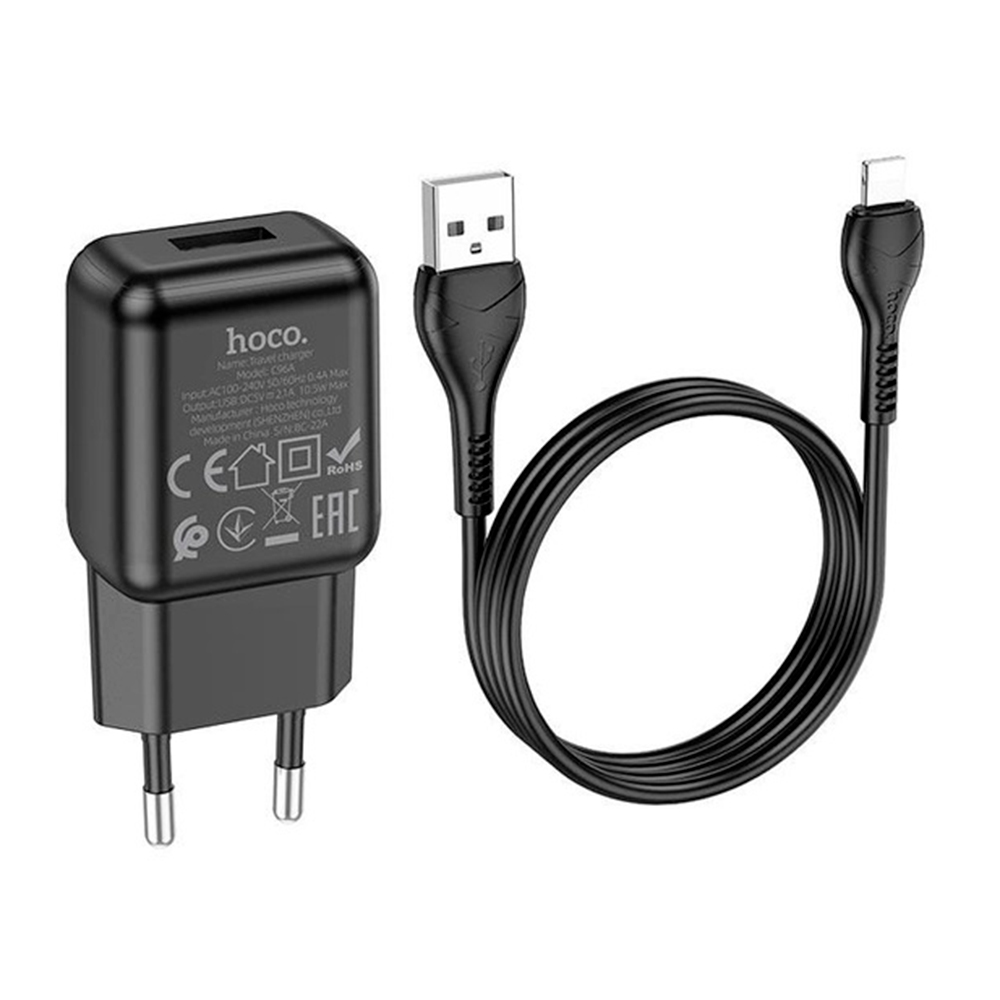 Набір СЗУ 110-240V HOCO C96A+ кабель Lighting, 1xUSB, 2.1A, кабель 1м, Black, Blister