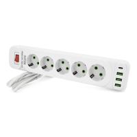 Мережевий фільтр F25U, 5 розеток EU+3 USB+PD, кнопка включення з індикатором, 2 м, 3х0,75мм, 2500W, White, Box
