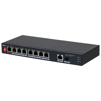 10-портовий некерований комутатор DH-PFS3110-8ET1GT1GF-96 з 8 портами POE 100Мбіт + 1 порт UP-Link 1000Мбіт + 1 порт SFP, корпус - метал, Black