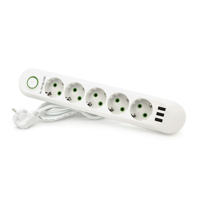 Мережевий фільтр F05U, 5 розеток EU + 3 USB, 1.5 м, перетин 3х0, 75мм, 2500W, White, Box