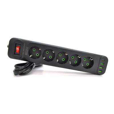 Мережевий фільтр F25U, 5 розеток EU+3 USB+PD, кнопка включення з індикатором, 2 м, 3х0,75мм, 2500W, Black, Box