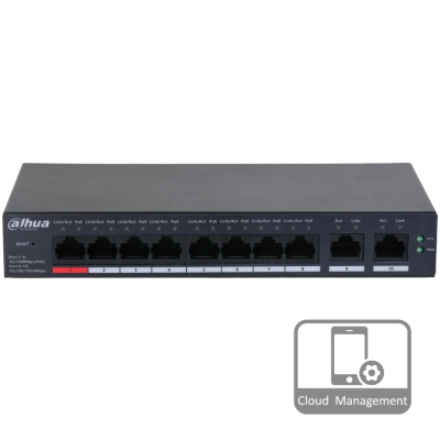 8-портовий керований PoE комутатор DH-CS4010-8ET-110 з 8 портами POE 100Мбіт + 2 порти UP-Link 1000Мбіт, 190x106x30 мм