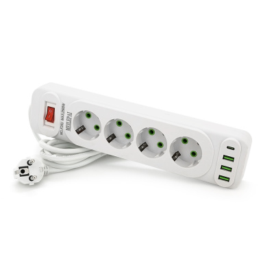 Мережевий фільтр F24U, 4 розетки EU+3 USB+PD, кнопка включення з індикатором, 2 м, 3х0,75мм, 2500W, White, Box