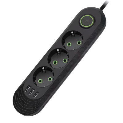 Мережевий фільтр F03U, 3 розетки EU + 3 USB, 1.5 м, перетин 3х0, 75мм, 2500W, Black, Bag